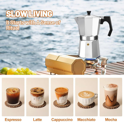 Aluminum Espresso Stovetop Perfect for Home Mocha & Tea Brewing, Elegant Design for Coffee Enthusiasts, Manual Espresso Maker