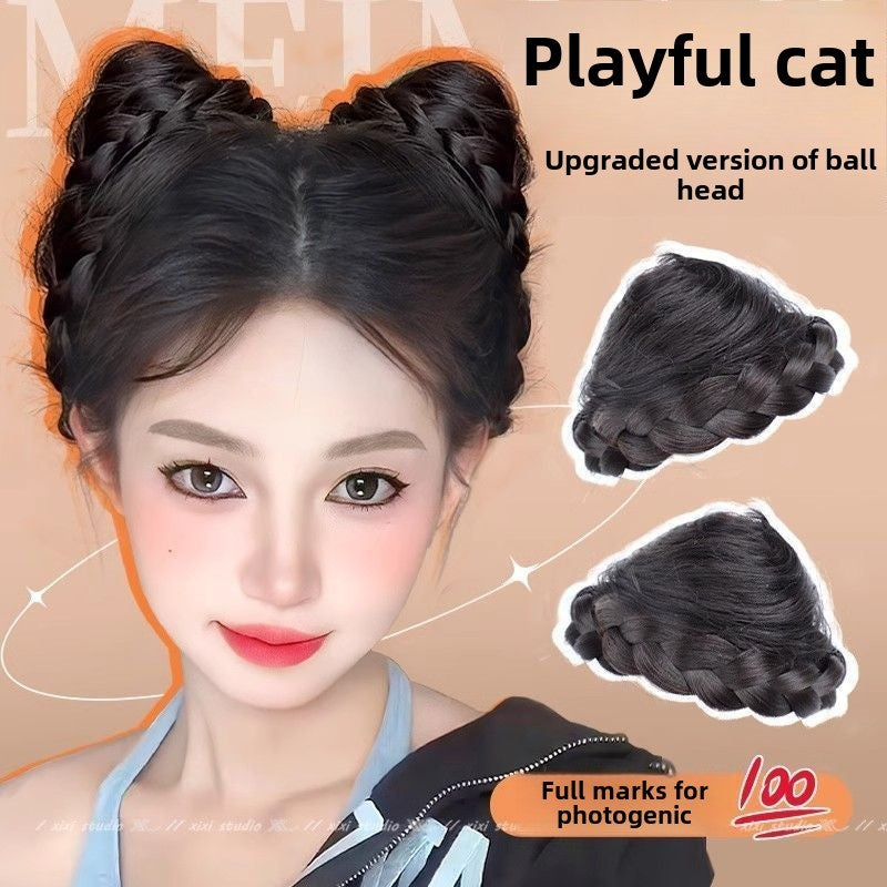 Cat Ear Wig Claw Clip Bun Hairpiece Cute Double Bun Hair Accessory Updo Flower Bun Synthetic Wig