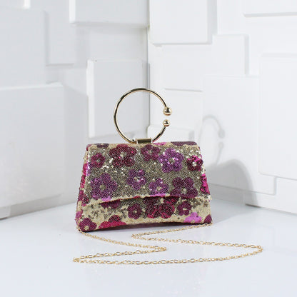 Metal Top Handle Bags for Bridal Women Shiny Sequins Evening Handbag Colorful Flowers Party Clutch Purse Chain Shoulder Bags
