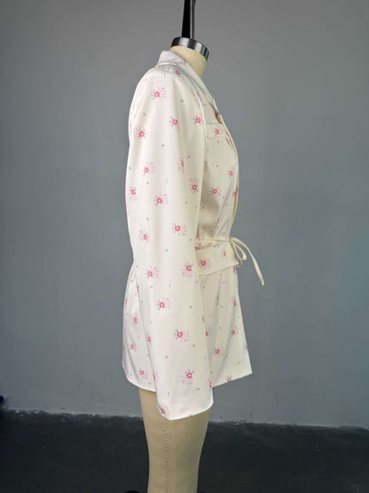 Women's 2025 Spring/Summer New Fashion Printed Loose Suit Collar Belted Waist - cinching Suit Jacket
