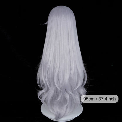 Long Wavy Silver Synthetic Wigs with Bangs Anime Game Cosplay Fluffy Heat Resistant Wig for Daily Party