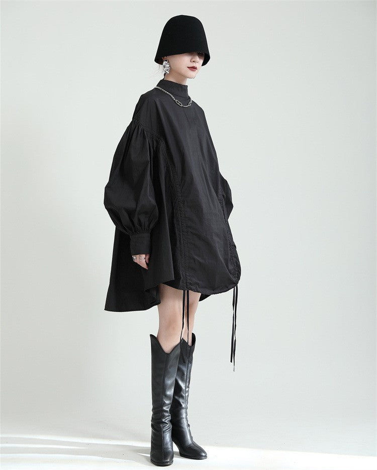 2025 Women Irregular Drawstring Big Size White Blouse New Stand Collar Long Sleeve Shirt Fashion Tide Spring Autumn