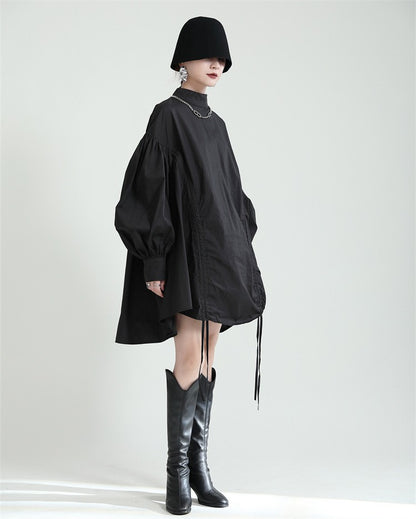 2025 Women Irregular Drawstring Big Size White Blouse New Stand Collar Long Sleeve Shirt Fashion Tide Spring Autumn