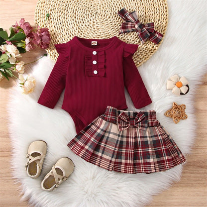 Infant Toddler Baby Girl Fall Winter Outfits Long Sleeve Romper Knitted Bodysuit with Plaid Skirt 2Pcs Christmas Outfits