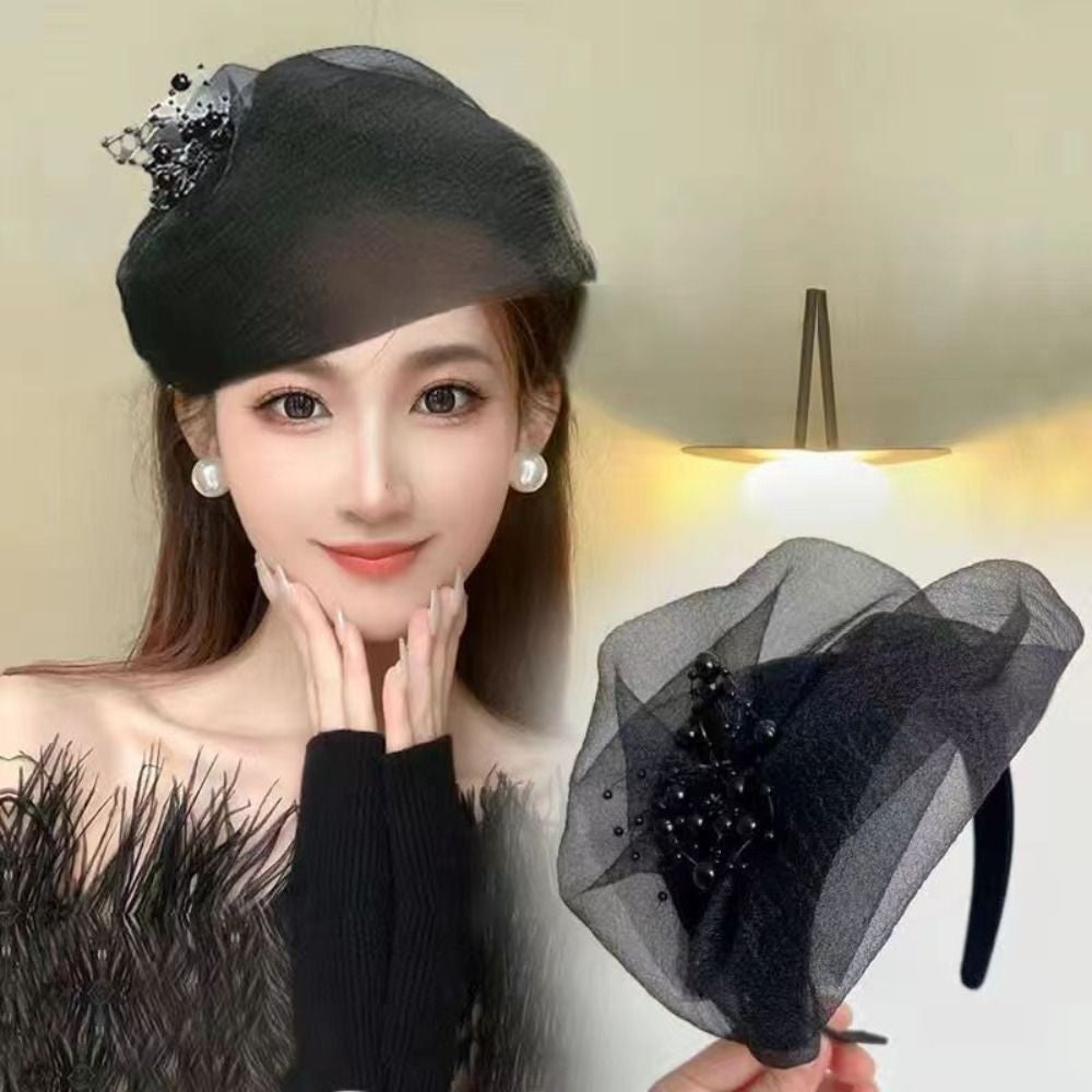 French Beaded Mesh Hairband Elegant Fashion Mesh Veil Fascinator Hat Bead Yarn Half Hat Dinner Party Hairband Hair Accessories