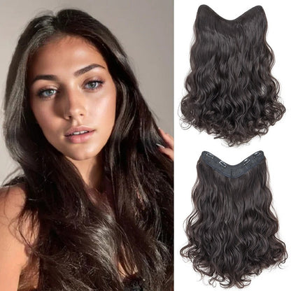 Extensão de Cabelo Sintético Longo Cacheado 24 polegadas em V Peça Única Fofa Invisível Castanho Preto para Mulheres