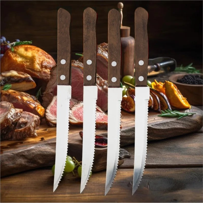 Kitchen knife with sawtooth edge, steak knife, wooden handle, stainless steel 1/2/4/8 piece set, kitchen accessory fruit knife