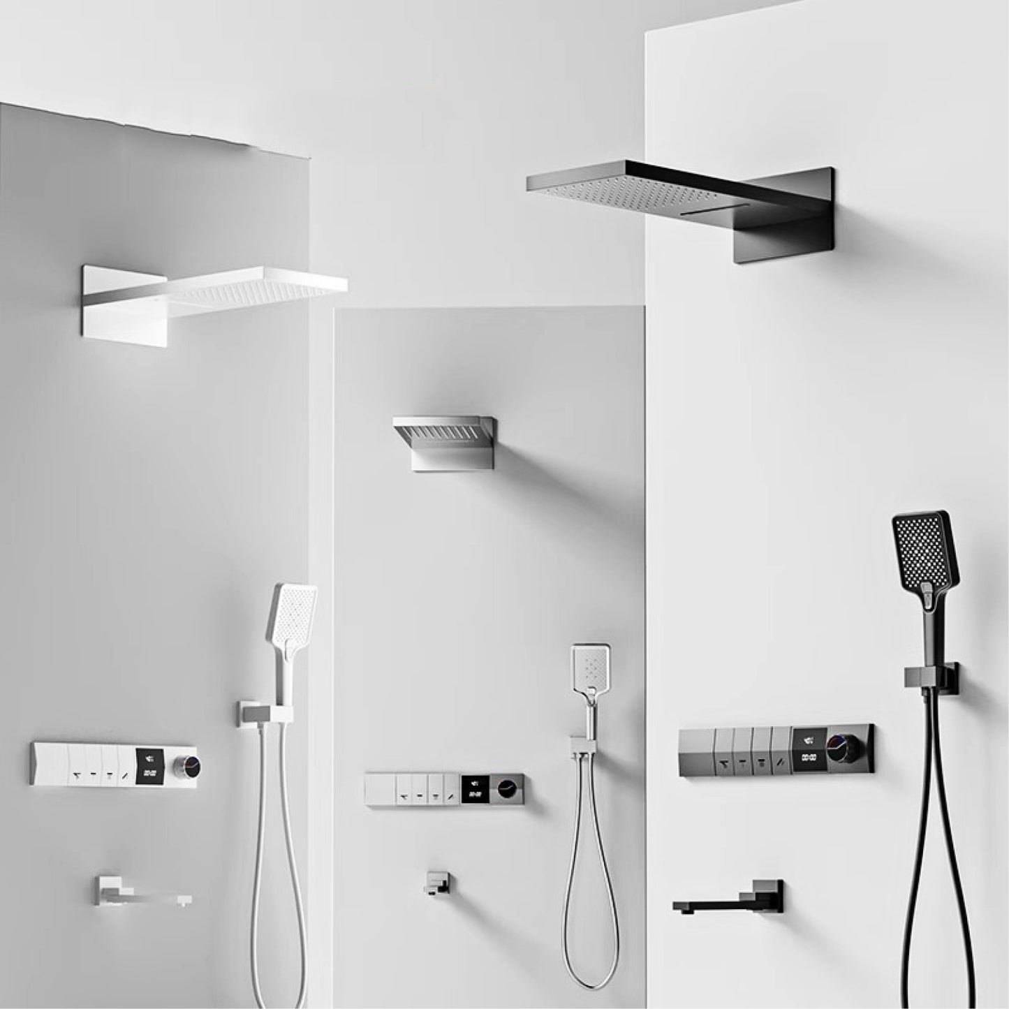 Sistema de chuveiro de parede com temperatura constante em latão cinza chumbo, montado na parede, com display digital LED, torneira de banheiro com água quente e fria