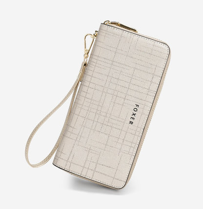 FOXER Split Leather Lady's Wallet Bifold Long Clutch Bag with Wristlet Fashion Card Holder Coin Purse Cellphone Money Bag