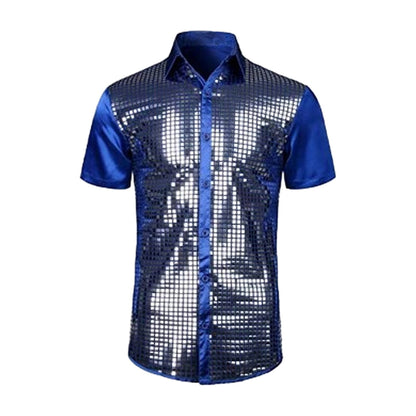 Club Sequin Shirt Mens 70s Disco Costume Vinatge Shirt Turn-down Collar Reflective Shiny Sequins Short Sleeve Button Down Shirt