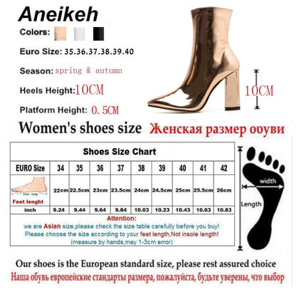 Aneikeh 2025 Spring Fashion Silver Patent Leather Women Ankle Boots Pointed Toe Square High Heels Shoes Chelsea Botas De Mujer
