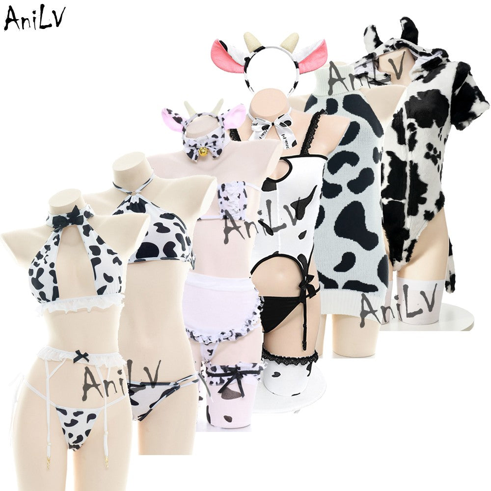 AniLV Cow Series Swimsuit Bodysuit Bikini Maid Unifrom Costume Summer Beach Kawaii Girl Swimwear Skirt Uniform Set Cosplay