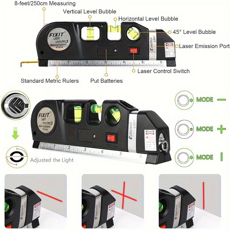 HOMEFISH Nível a Laser Fácil de Usar Ferramenta de Nível a Laser Multiuso Kit de Nível a Laser Padrão Laser de Linha Cruzada Fita Métrica de 2,4 metros