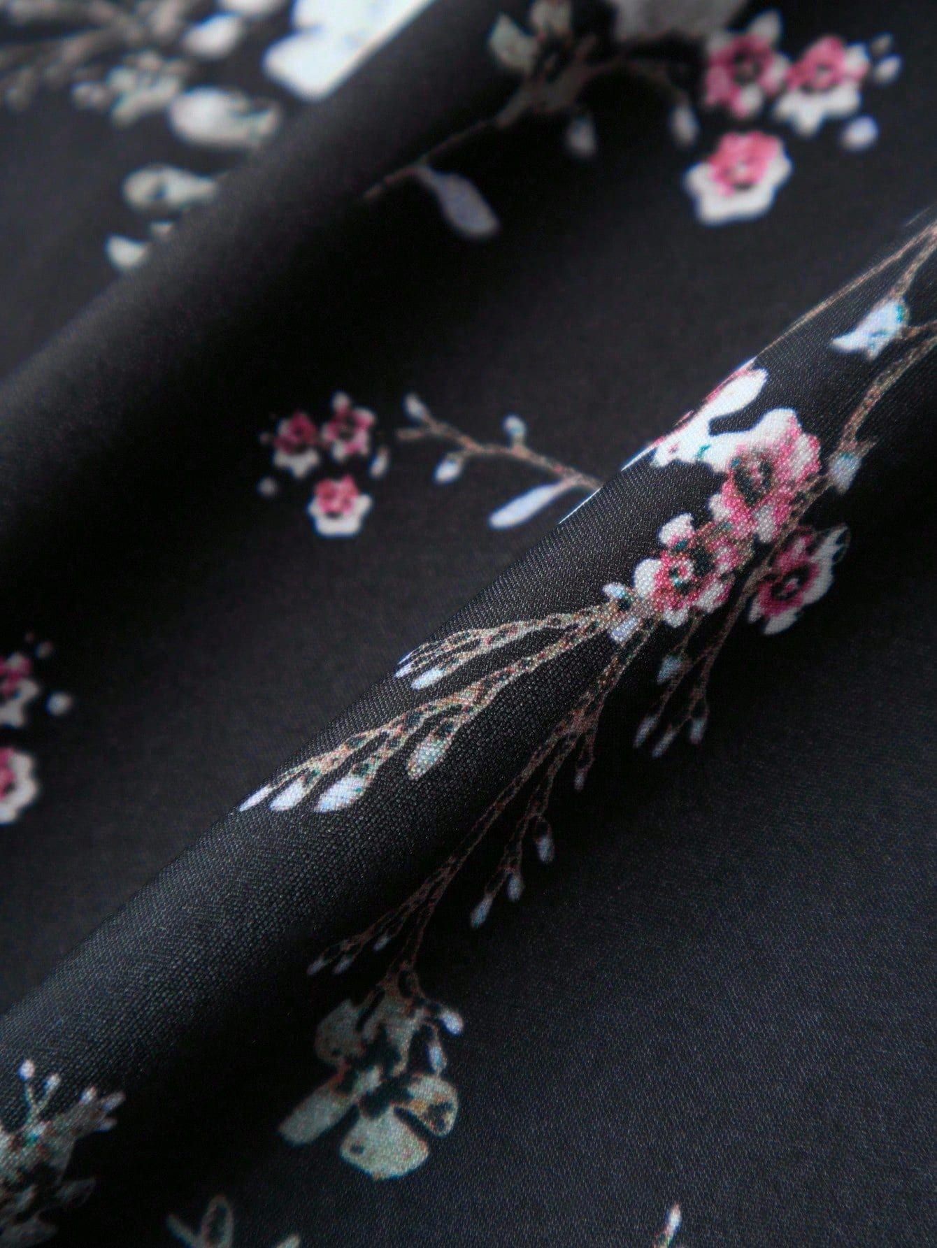 A lady's elegant half skirt with a bow tie and large flowers