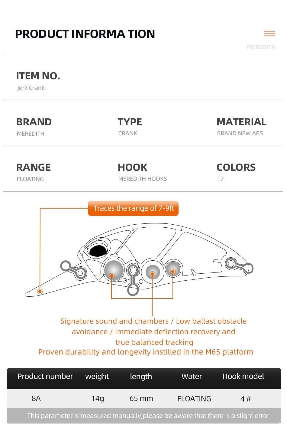 MEREDITH JERK CRANK M65 Flutuante 14g Isca Artificial Modelo Quente Isca Dura 11 Cores Wobbler Crank Qualidade Profissional Profundidade 2.0-2.5m