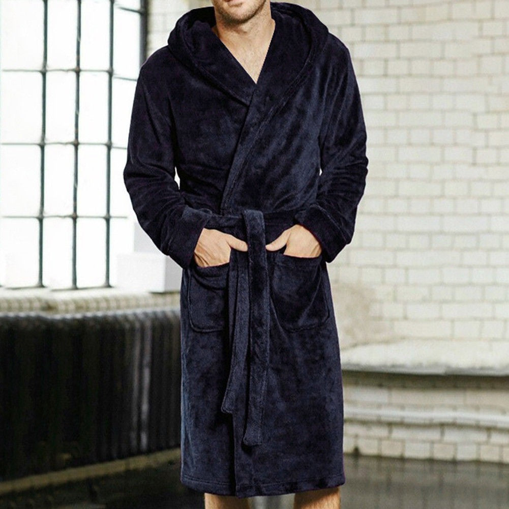 Casaul Men's Plush Shawl BathRobes with Sashes Men Soft Long Sleeve 2 Side Pockets Cloak Winter Solid Warm Dressing Gown M-XXL