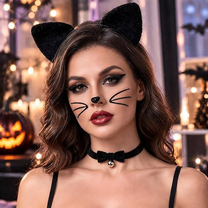 Cat Ears Headband and Tail Bell Collar Set, Cat Costumes for Women Black Cat Ears and Tail Set, Cat Costume Accessories Halloween Party Cosplay Costumes Set for Adults Women