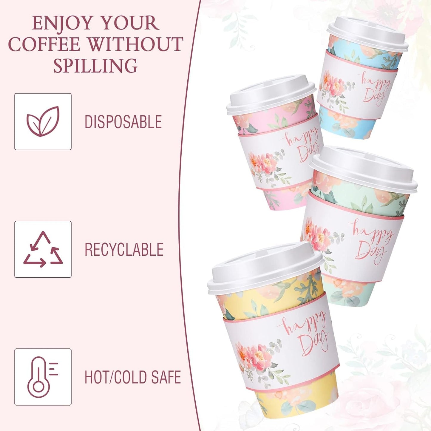 100 Copos de Café Descartáveis Florais de 12oz com 100 Tampas e 100 Luvas Copos de Papel Isolados para Bebidas Quentes