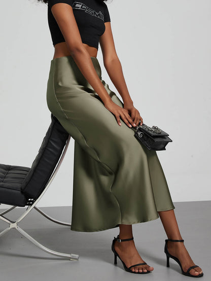 Fashion Satin Party Long Skirt High Waist Solid Color Casual Basic Women Skirts
