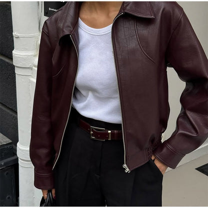 Full Sleeve Cropped Women Casual Slim Thin Motorcycle Coat Chic Zipper Lapel Wine Red Leather Jacket Lady New Highstreet Outwear