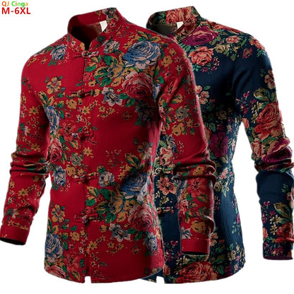 Chinese Style Men's Long-sleeved Printed Shirt, Single-breasted Stand-up Collar Shirts, Fashion Casual Top Camisas, Size M-6XL