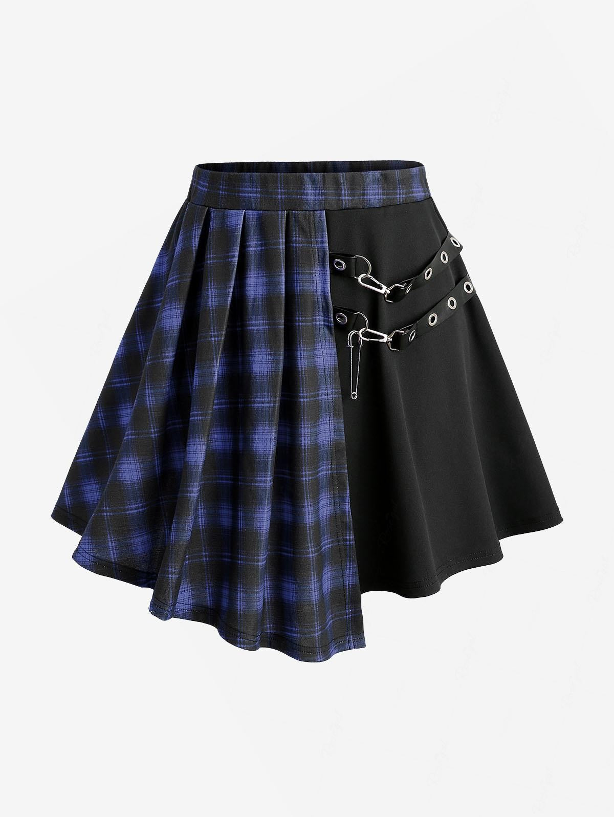 ROSEAGL Plus Size Plaid Patchwork Grommets PU Leather Stripes Asymmetrical Skirt Female Casual Large Size Women Y2K Skirts