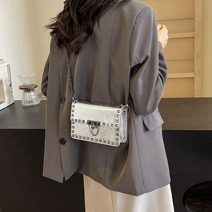 Rivet Small Shoulder Bags For Women Black Punk style Crossbody Bag Fashion Chain Flap Bag Leather Purses Designer Female Handbag