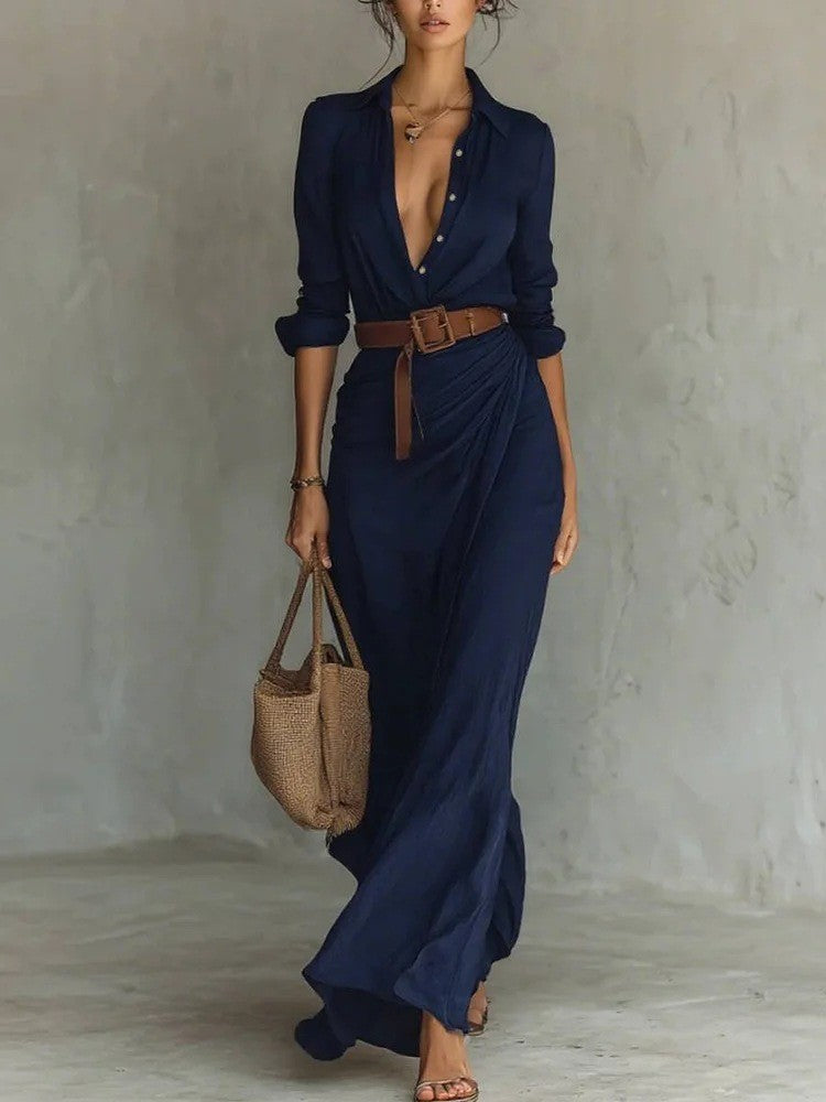 2025 Buttons Draped Chic Party Dress Spring Autumn Women Turn Down Collar Simple Maxi Dress Long Sleeve Elegant Ladies Dress