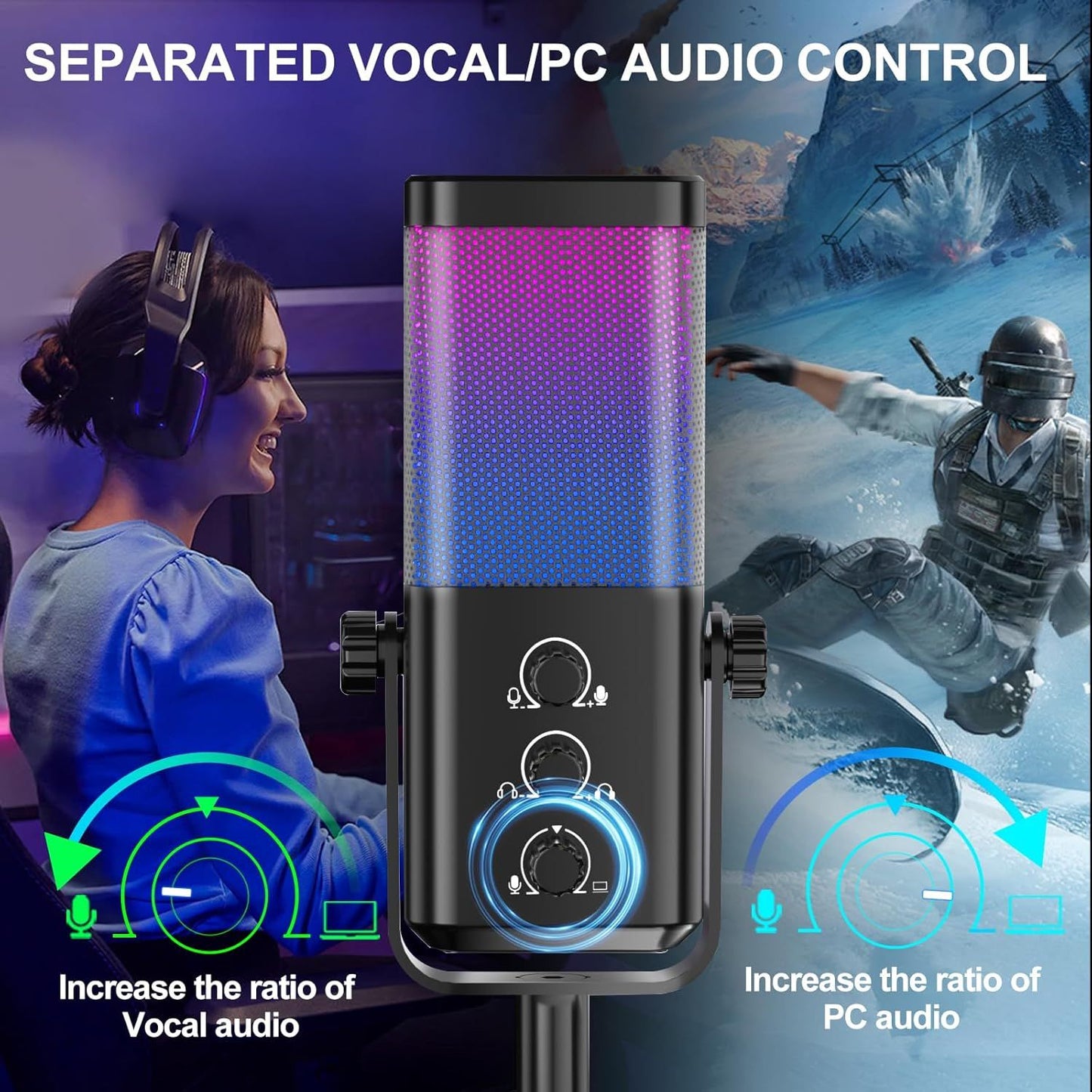 Microfone RGB Gamer com Equilíbrio de Voz no Jogo e Cancelamento de Ruído, Microfone Condensador USB de Estúdio para Streaming/Gravação/Discord