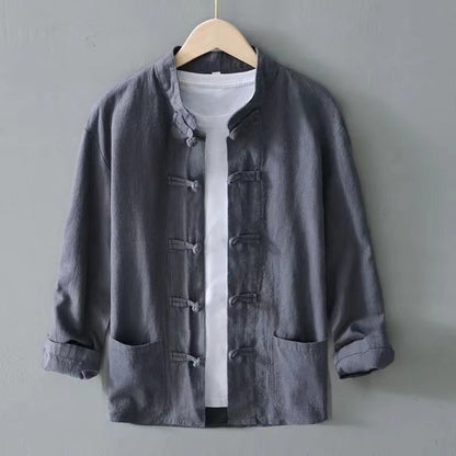 XXXXXL Plus Size Men Cotton Linen Shier Autumn Spring Men Collarless Long Sleeve Frog Button Loose Blouse Tops Oversized M-5XL
