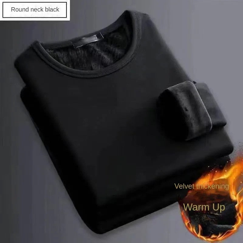 2PCS Men's Underwear Winter Long-sleeved Thermal Underwear Plus Velvet Padded T-shirt O-Neck Solid Color Slim Bottoming Shirt