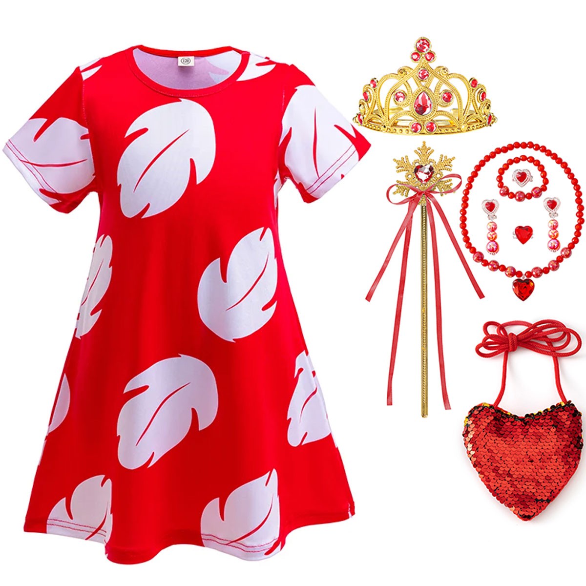 Disney Lilo Costume Girl Cosplay Red Dress Short Sleeve Pajamas Hawaiian Printed Dress Summer Beach Outfit + Stitch Doll Set