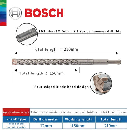 BOSCH Broca para Concreto e Madeira para Martelo Elétrico de Quatro Furos e Duas Ranhuras, de Duas Pontas, Série 5, com Haste Redonda