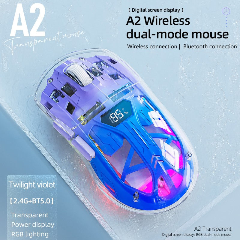 Mouse Bluetooth A2 com tela digital transparente RGB, conexão sem fio de modo duplo, compatível com Win/Mac