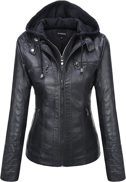 Hooded Leather Jacket Two-Piece Set Removable Large Size Leather Jacket for Women Spring & Fall Outwear for Women Pu Washed Leather