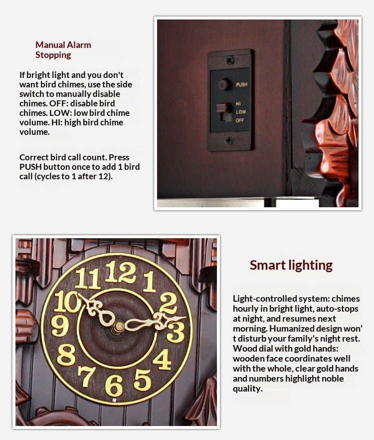 Wall Clock Hand Carved Solid Wood Cuckoo Musical Pendulum Silent Kids Room Home Decor Living Room Bedroom Clock Modern Design