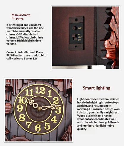 Wall Clock Hand Carved Solid Wood Cuckoo Musical Pendulum Silent Kids Room Home Decor Living Room Bedroom Clock Modern Design