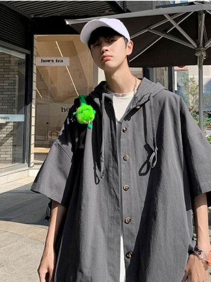 Gmiixder Hooded Short-sleeved Shirts for Men Women Japan Summer Trend Cityboy Solid Blouse Unisex Cargo Button Up Shirt Jacket