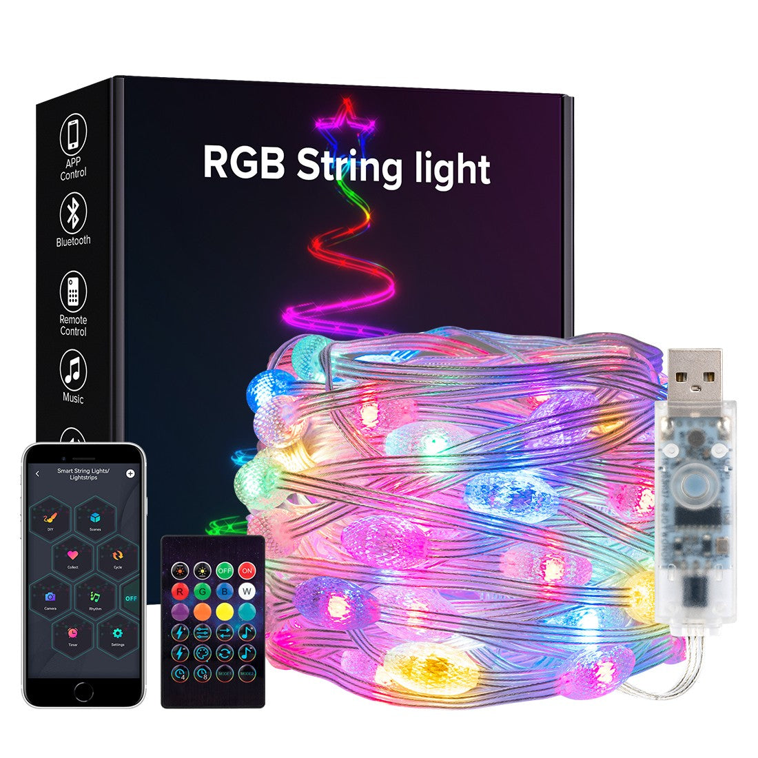 USB Christmas Lights String 5m 10m Bluetooth Music APP Remote DC5V WS2812B Party Wedding Garden Backyard Star Rugby Strawberries