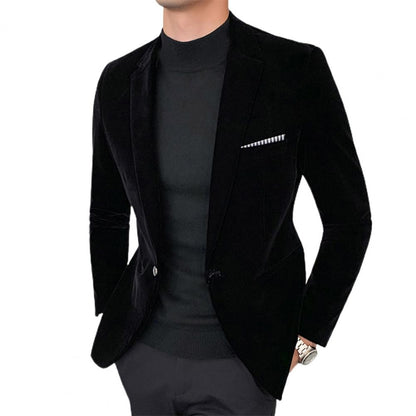 Spring Velvet Men Solid Color Temperament Suit Jacket Turndown Collar Long Sleeve Slim Fit Single Button Velvet Suit Coat