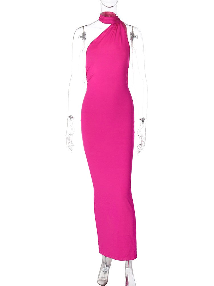 Hugcitar One Shoulder Backless Adjustable Scarf Loop Ruched Sexy Maxi Dress Wome