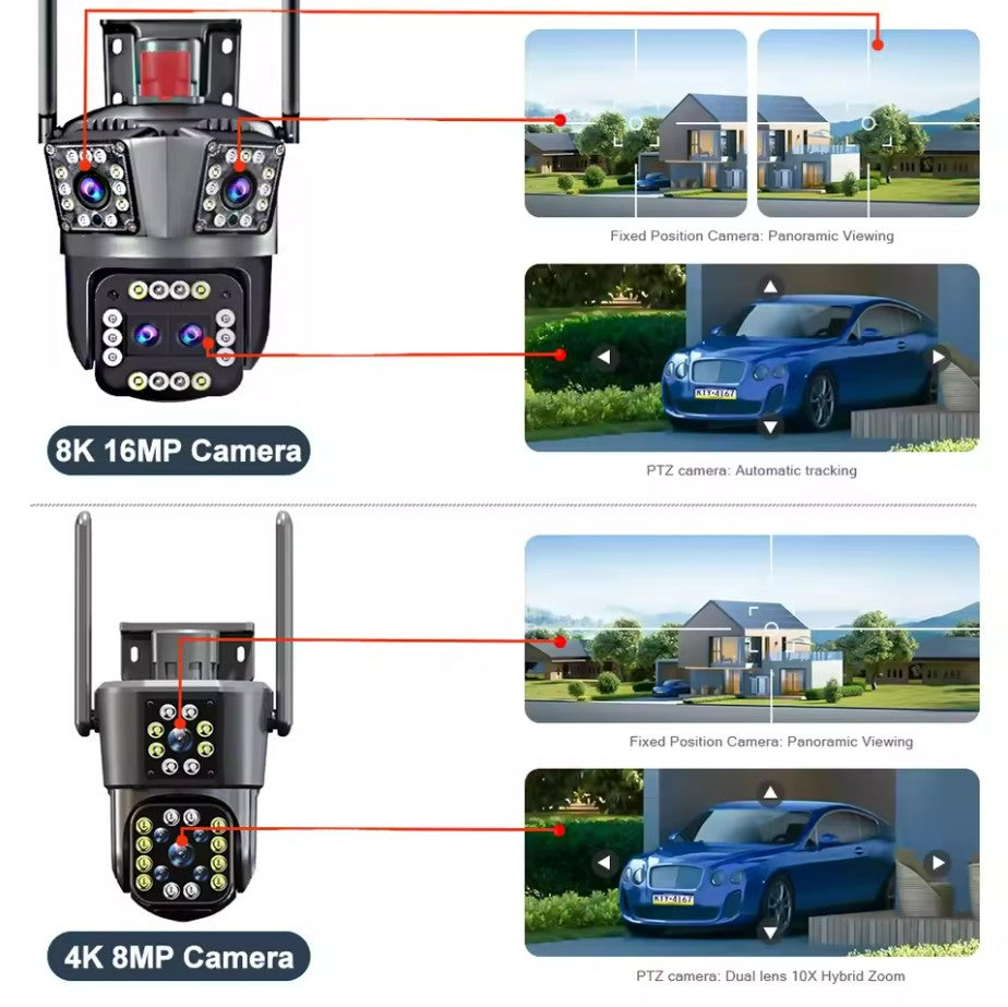 8K 12MP Outdoor WiFi Camera 12X Zoom Four Lens Three Screen PTZ Camera 360° Surveillance Cameras Motion Tracking Security Camera