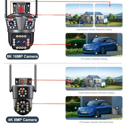 8K 12MP Outdoor WiFi Camera 12X Zoom Four Lens Three Screen PTZ Camera 360° Surveillance Cameras Motion Tracking Security Camera