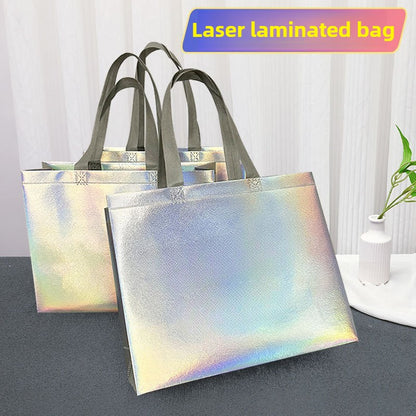 10Pcs Reusable Silver Laser Tote Bag Durable Non Woven Gift Shopping Bag for Wedding Bridesmaid Party Birthday Eco Friendly