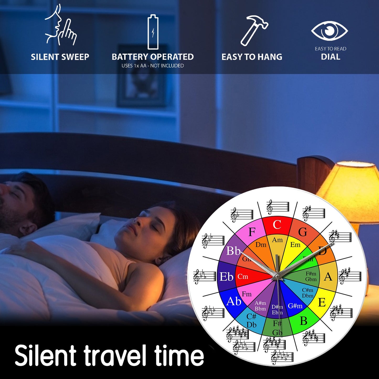 Personalized Music Five-Circle Music Theory Pattern Tempered Glass Wall Clock Living Room Bedroom Kitchen Home Decoration Wall Clock Silent Quartz Clock Holiday Gift 12 Inches 14 Inches 16inch (Without Batteries)