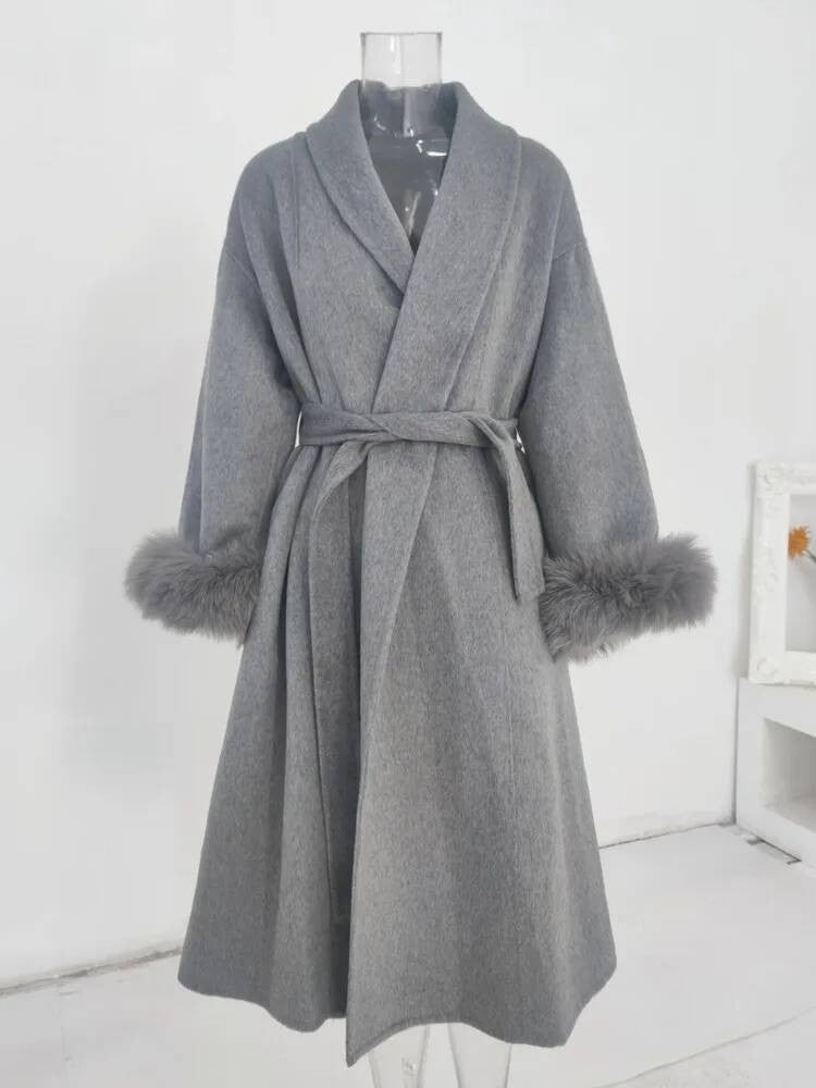 [EWQ] Wool Fox Fur Sleeve Women Coat Elegant Clothing Autumn 2025 Winter Double-sided Jacket Big Size Wine Red Overcoats 16O2751