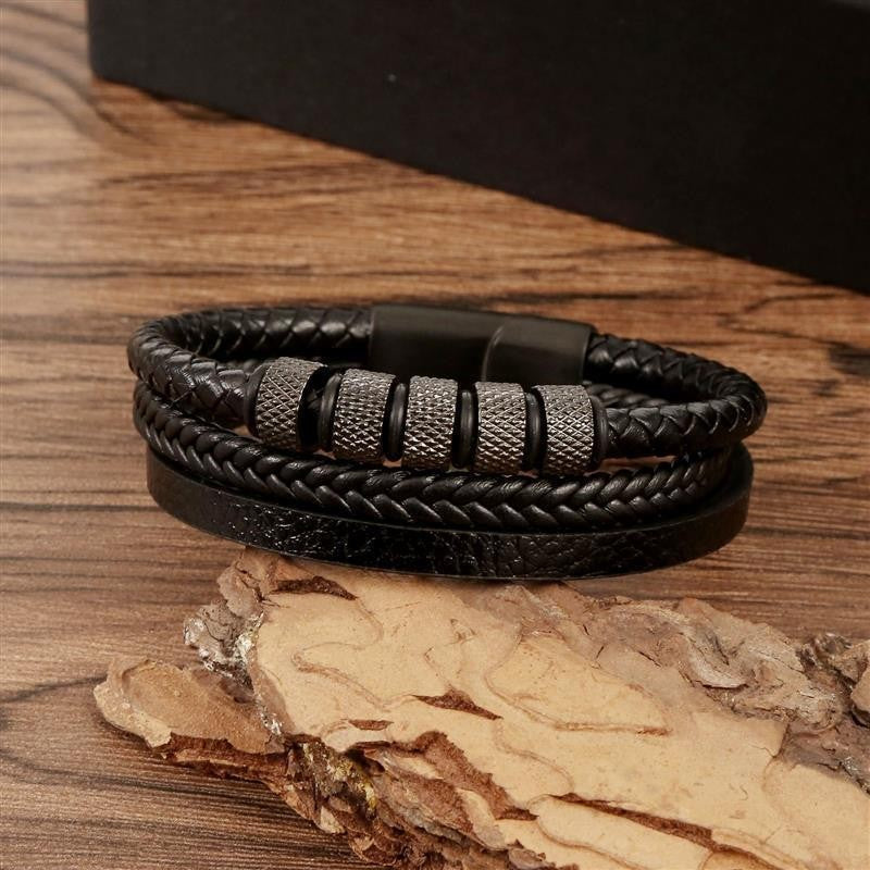 Pulseira de Couro Masculina Punk com Fecho Magnético de Aço Inoxidável Trançado em Camadas Envoltório de Couro Pulseiras Presente Joias Masculinas
