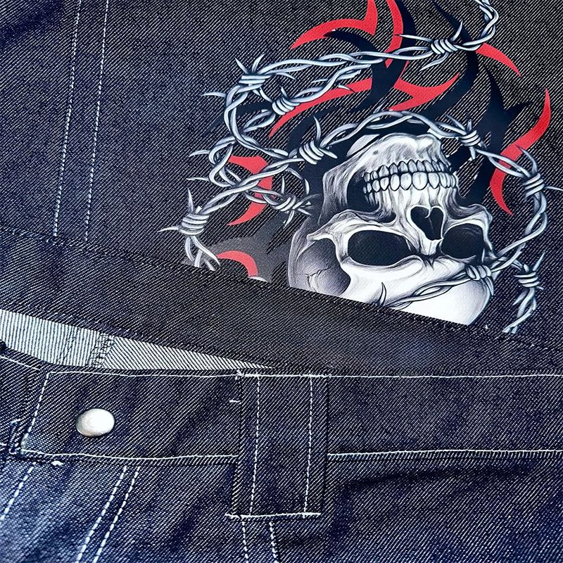 Y2K Vintage Punk Jeans Large Pockets Barbed Wire Skull Printing Loose Wide Leg Jeans Hip Hop Men Women Fashion Casual Streetwear