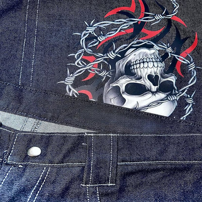 Y2K Vintage Punk Jeans Large Pockets Barbed Wire Skull Printing Loose Wide Leg Jeans Hip Hop Men Women Fashion Casual Streetwear