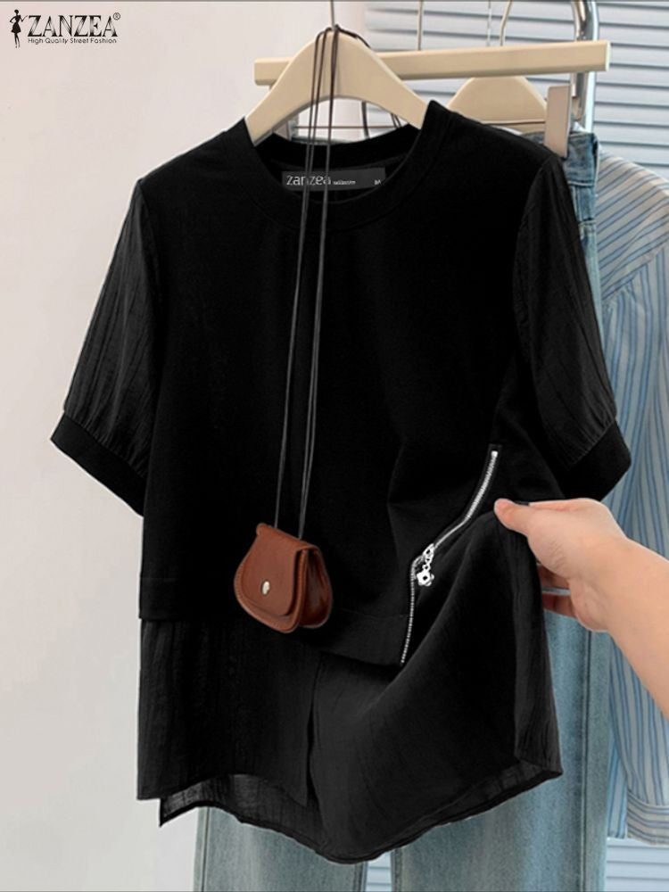 ZANZEA Women Summer Patchwork Blouse 2025 Casual O Neck Short Sleeve Tops Blusas Fashion Elegant Work Shirt Mujer Female Chemise